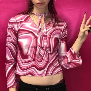 90’s Ravegirl Warped Pattern Tie Choker Crop Top